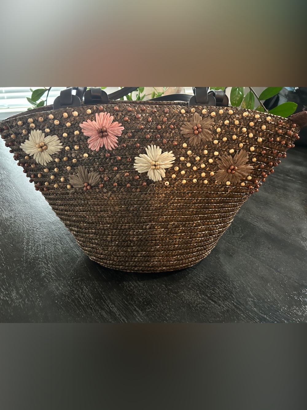 Source Unknown Brown Straw Tote with Floral Accents
